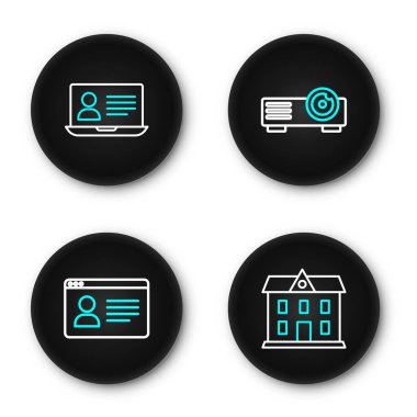 Çevrimiçi Okul Binası Film Film Ortam Projektörü ve Simgesi Ayarla. Vektör.