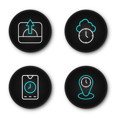 Satır çizgisi Zaman dilimi saatleri, Alarm uygulaması mobil, Saat ve Gündoğumu simgesi ayarla. Vektör.