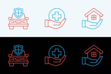 House 'u, araba sigortasını ve hayat ikonunu ayarlayın. Vektör.