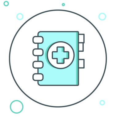 Beyaz arka planda izole edilmiş klinik kayıt simgesine sahip Line Medikal panosu. Reçete, tıbbi kontrol işaretleri raporu. Renkli taslak konsepti. Vektör.