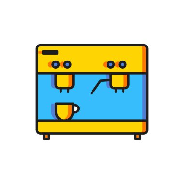 Renkli kahve makinesi simgesi beyaz arkaplanda izole edilmiş. Düz çizgili, gölgeli. Vektör.