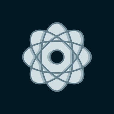 Çizgi Atom simgesi siyah arkaplanda izole edildi. Bilimin, eğitimin, nükleer fiziğin, bilimsel araştırmaların sembolü. Düz çizgili, gölgeli. Vektör.