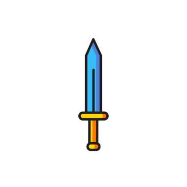 Renkli Ortaçağ kılıç simgesi beyaz arkaplanda izole edildi. Ortaçağ silahı. Düz çizgili, gölgeli. Vektör.