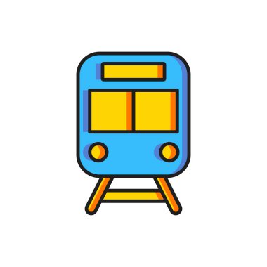 Renkli tren ve demiryolu ikonu beyaz arka planda izole edildi. Toplu taşıma sembolü. Metro treni nakliyesi. Metro yeraltı. Düz çizgili, gölgeli. Vektör.