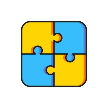 Renkli yapboz parçaları beyaz arkaplanda izole edilmiş oyuncak simgesi. Düz çizgili, gölgeli. Vektör.