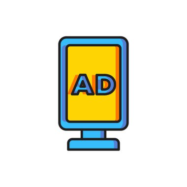 Beyaz arkaplanda izole edilmiş renk reklam simgesi. Pazarlama ve tanıtım süreci kavramı. İlgili reklamlar. Sosyal medya reklamcılığı. Düz çizgili, gölgeli. Vektör.