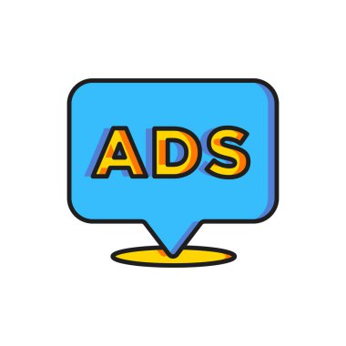 Beyaz arkaplanda izole edilmiş renk reklam simgesi. Pazarlama ve tanıtım süreci kavramı. İlgili reklamlar. Sosyal medya reklamcılığı. Düz çizgili, gölgeli. Vektör.