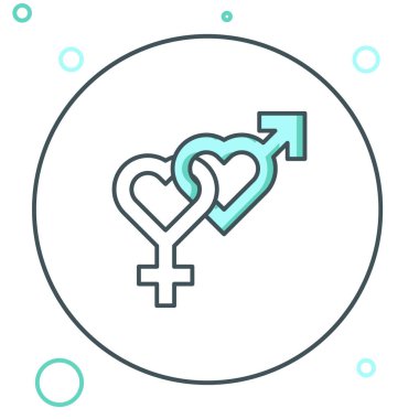 Beyaz arkaplanda çizgi cinsiyet simgesi izole edildi. Erkek ve kadın sembolleri. Seks sembolü. Renkli taslak konsepti. Vektör.