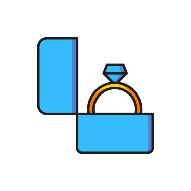 Renkli Elmas nişan yüzüğü simgesi beyaz arkaplanda izole edilmiş. Düz çizgili, gölgeli. Vektör.