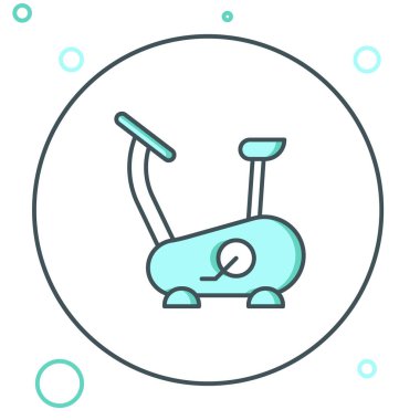 Çizgi Durağan bisiklet simgesi beyaz arkaplanda izole edildi. Egzersiz bisikleti. Renkli taslak konsepti. Vektör.