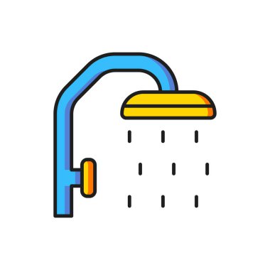 Beyaz zemin üzerinde su damlaları akan ikon içeren renk yağmuru başlığı izole edildi. Düz çizgili, gölgeli. Vektör.