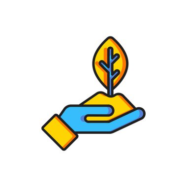 Çevre koruma ikonunun elindeki renk bitkisi beyaz arka planda izole edilmiş. Tohum ve tohum. Fidan dikiyorum. Ekoloji konsepti. Düz çizgili, gölgeli. Vektör.