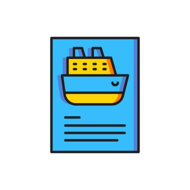 Renkli gemi simgesi beyaz arkaplanda izole edildi. Seyahat turizmi deniz taşımacılığı. Yolcu gemisi, yolcu gemisi. Dünya çapında bir gezi. Düz çizgili, gölgeli. Vektör.