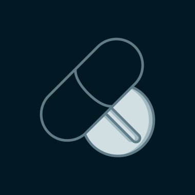 Siyah arkaplanda çizgi ilacı veya tablet ikonu var. Kapsül hapı ve uyuşturucu işareti. Eczane tasarımı. Düz çizgili, gölgeli. Vektör.