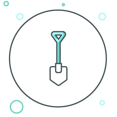 Beyaz arkaplanda çizgi küreği simgesi izole edildi. Bahçe aletleri. Bahçecilik, tarım, çiftçilik aleti. Renkli taslak konsepti. Vektör.