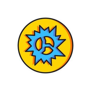 Şarapnel şarapneli ve beyaz arka planda izole edilmiş ateş topu ikonuyla renk bombası patlaması. Düz çizgili, gölgeli. Vektör.