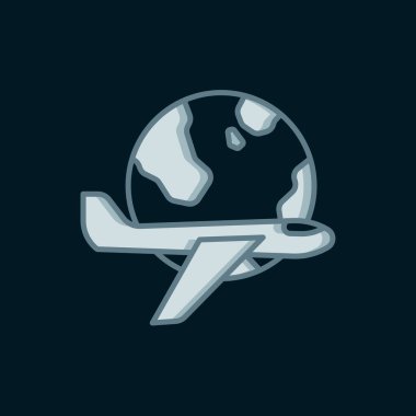 Uçan uçak ikonuna sahip Line Globe siyah arka planda izole edildi. Uçak Dünya 'nın etrafında uçuyor. Uçak dünyası ikonu. Düz çizgili, gölgeli. Vektör.