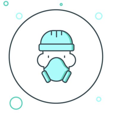 Beyaz arka planda izole edilmiş koruyucu giysi ikonu giyen hat Nükleer Santrali çalışanı. Nükleer reaktör işçisi. Renkli taslak konsepti. Vektör.