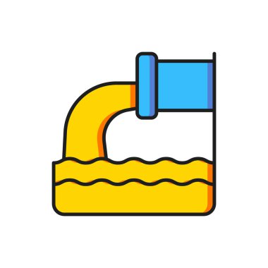 Beyaz arkaplanda izole edilmiş renk atık su simgesi. Kanalizasyon borusu. Borudan nehre sıvı akıyor. Düz çizgili, gölgeli. Vektör.