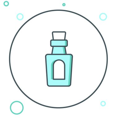 Beyaz zemin üzerinde iksir ikonu olan çizgi şişesi. Sihirli iksirli matara. Mutlu Cadılar Bayramı Partisi. Renkli taslak konsepti. Vektör.