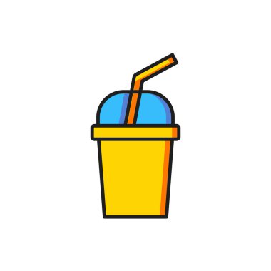 Beyaz arka planda izole edilmiş saman ve su ikonu içen renkli kağıt bardak. Soda bardağı. Taze soğuk içecek sembolü. Düz çizgili, gölgeli. Vektör.