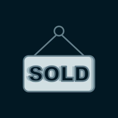 Satılmış metin simgesi ile satır asma işareti siyah arkaplanda izole edildi. Açık arttırma satıldı. Tabela satıldı. Teklif konsepti. Açık arttırma yarışması. Düz çizgili, gölgeli. Vektör.