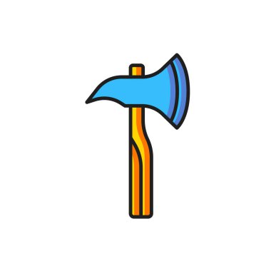 Beyaz arka planda izole edilmiş renkli itfaiyeci balta simgesi. Yangın baltası. Düz çizgili, gölgeli. Vektör.