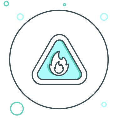 Beyaz arkaplanda izole edilmiş üçgen ikonunda çizgi yangını. Yanıcı madde için uyarı işareti. Renkli taslak konsepti. Vektör.