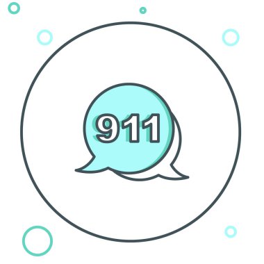 Beyaz arka planda 911 'i arayan bir hat var. Polis, ambulans, itfaiye, çağrı, telefon. Renkli taslak konsepti. Vektör.