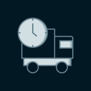 Çizgi Lojistik dağıtım kamyonu ve zaman ikonu siyah arka planda izole edildi. Teslimat zamanı ikonu. Düz çizgili, gölgeli. Vektör.