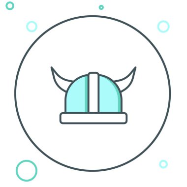 Beyaz arka planda izole edilmiş boynuzlu başlıklı Viking hattı. Renkli taslak konsepti. Vektör.