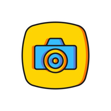 Renkli fotoğraf makinesi simgesi beyaz arkaplanda izole edildi. Foto kamera. Dijital fotoğrafçılık. Düz çizgili, gölgeli. Vektör.