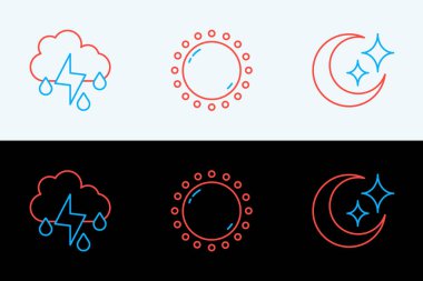 Ay 'ı ve yıldızları yağmur yıldırımı ve güneş ikonu ile hizaya sokun. Vektör.