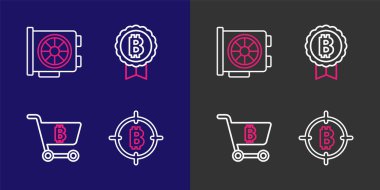 Bitcoin satırını bitcoin ve video grafik kart ikonuyla birlikte hedef alışveriş arabasında ayarla. Vektör.