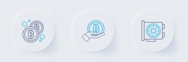 Bitcoin ve simge tutan grafik kartı ayarla. Vektör.