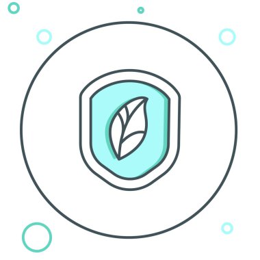 Beyaz arkaplanda yaprak simgesi olan çizgi kalkanı. Yapraklı çevre dostu güvenlik kalkanı. Renkli taslak konsepti. Vektör.