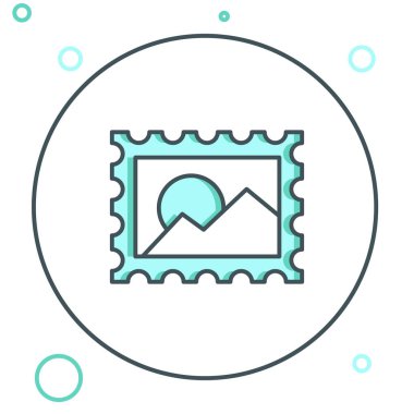 Beyaz arkaplanda çizgi posta pulu simgesi izole edildi. Renkli taslak konsepti. Vektör.