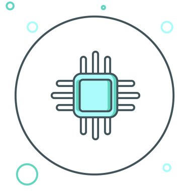 Beyaz arkaplanda mikro devre işlemci simgesi olan çizgi bilgisayar işlemcisi izole edildi. Devre kartlı çip ya da işlemci. Mikro işlemci. Renkli taslak konsepti. Vektör.