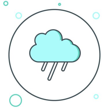 Beyaz arka planda izole edilmiş yağmur ikonlu çizgi bulutu. Yağmur damlaları ile yağmur bulutu yağışı. Renkli taslak konsepti. Vektör.