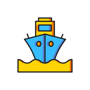 Renkli kargo gemisi simgesi beyaz arkaplanda izole edildi. Düz çizgili, gölgeli. Vektör.