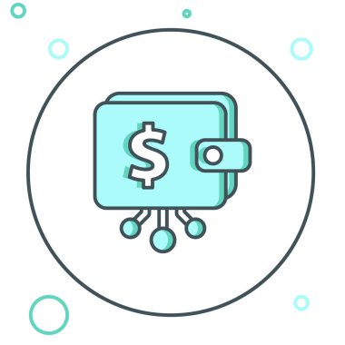 Satır Kripto para birimi cüzdan simgesi beyaz arkaplanda izole edildi. Cüzdan ve bitcoin işareti. Maden konsepti. Para, ödeme, nakit, ödeme ikonu. Renkli taslak konsepti. Vektör.