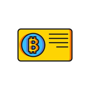 Beyaz arkaplanda bitcoin simgesi olan renkli kredi kartı. Çevrimiçi ödeme. Nakit çekilmesi. Modern ödeme yöntemi. Düz çizgili, gölgeli. Vektör.