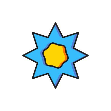 Beyaz arkaplanda izole edilmiş renkli güneş simgesi. Yaz sembolü. Güneşli bir gün. Düz çizgili, gölgeli. Vektör.