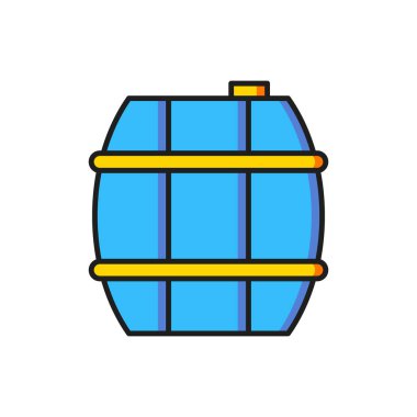 Beyaz arka planda izole edilmiş şarap ikonu için renkli ahşap fıçı. Düz çizgili, gölgeli. Vektör.