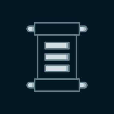 Satır Kararnamesi, kağıt, parşömen, parşömen simgesi siyah arkaplanda izole edilmiş. Düz çizgili, gölgeli. Vektör.