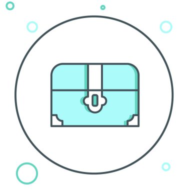 Beyaz arka planda izole edilmiş Antik hazine sandığı simgesi. Altın sikkeli klasik tahta sandık. Renkli taslak konsepti. Vektör.