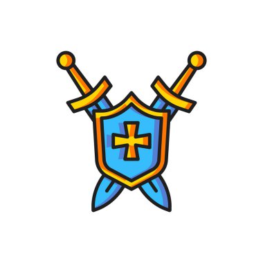 Beyaz zemin üzerinde çapraz kılıç simgesi olan renkli Ortaçağ kalkanı. Düz çizgili, gölgeli. Vektör.