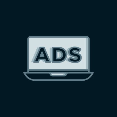 Satır Reklam simgesi siyah arkaplanda izole edildi. Pazarlama ve tanıtım süreci kavramı. İlgili reklamlar. Sosyal medya reklamcılığı. Düz çizgili, gölgeli. Vektör.