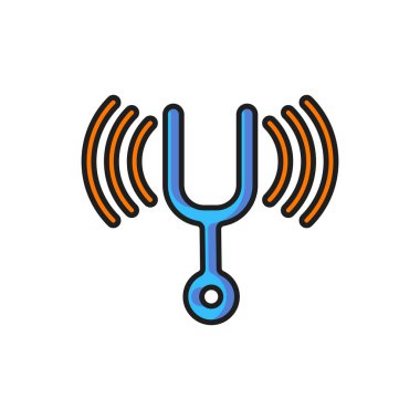 Müzik enstrümanlarını ayarlamak için renkli müzik ayarlama çatalı beyaz arkaplanda izole edilmiş. Düz çizgili, gölgeli. Vektör.
