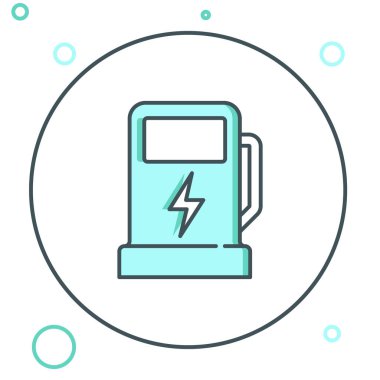 Hat Elektrikli araba şarj istasyonu simgesi beyaz arkaplanda izole edildi. Eko elektrik yakıt pompası tabelası. Renkli taslak konsepti. Vektör.